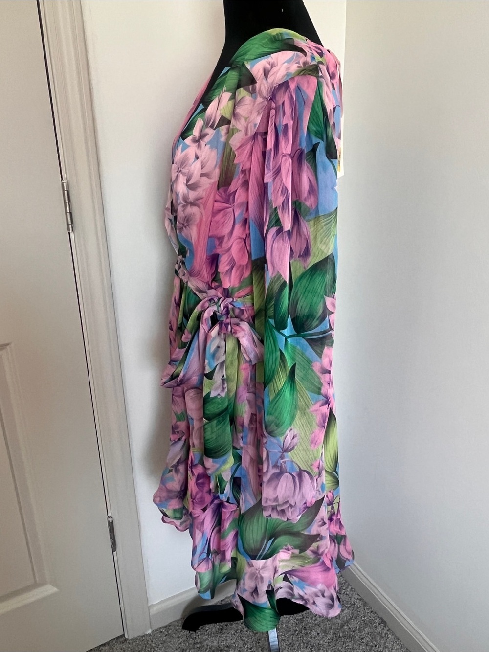 Alex Marie Floral Faux Wrap Dress NWT Size 14 Pink Blue Tropical Print Cocktail - Picture 2 of 6